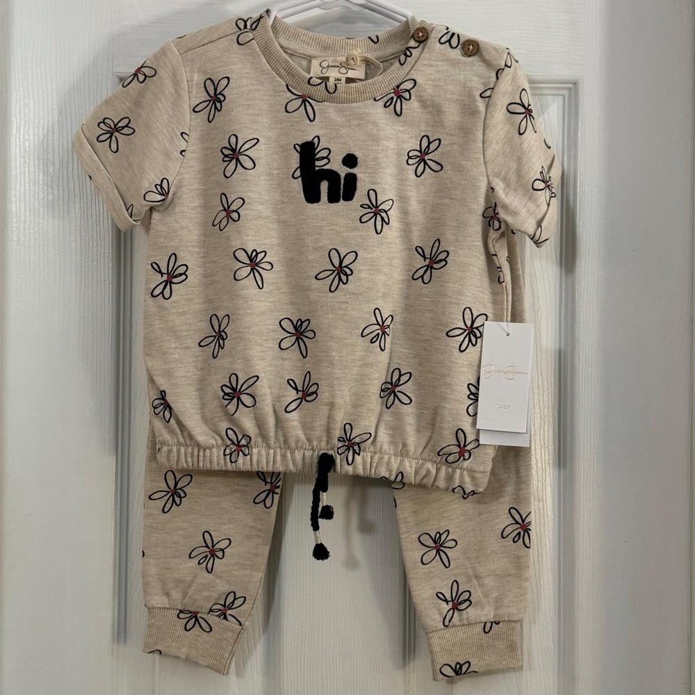 NWT Jessica Simpson Baby Girl Summer Oatmeal Floral Matching Set Short Sleeve